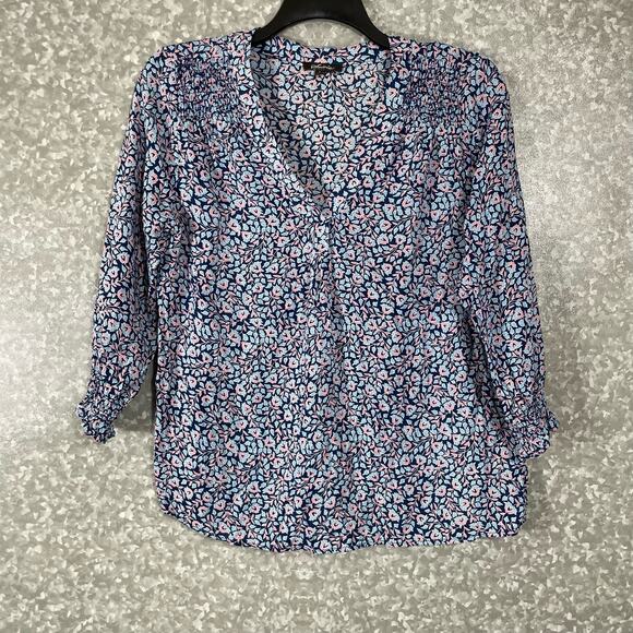 Soiree Blue & Pink Floral Cottage V-Neck Blouse - Size Large - Balloon Sleeves - Picture 1 of 6